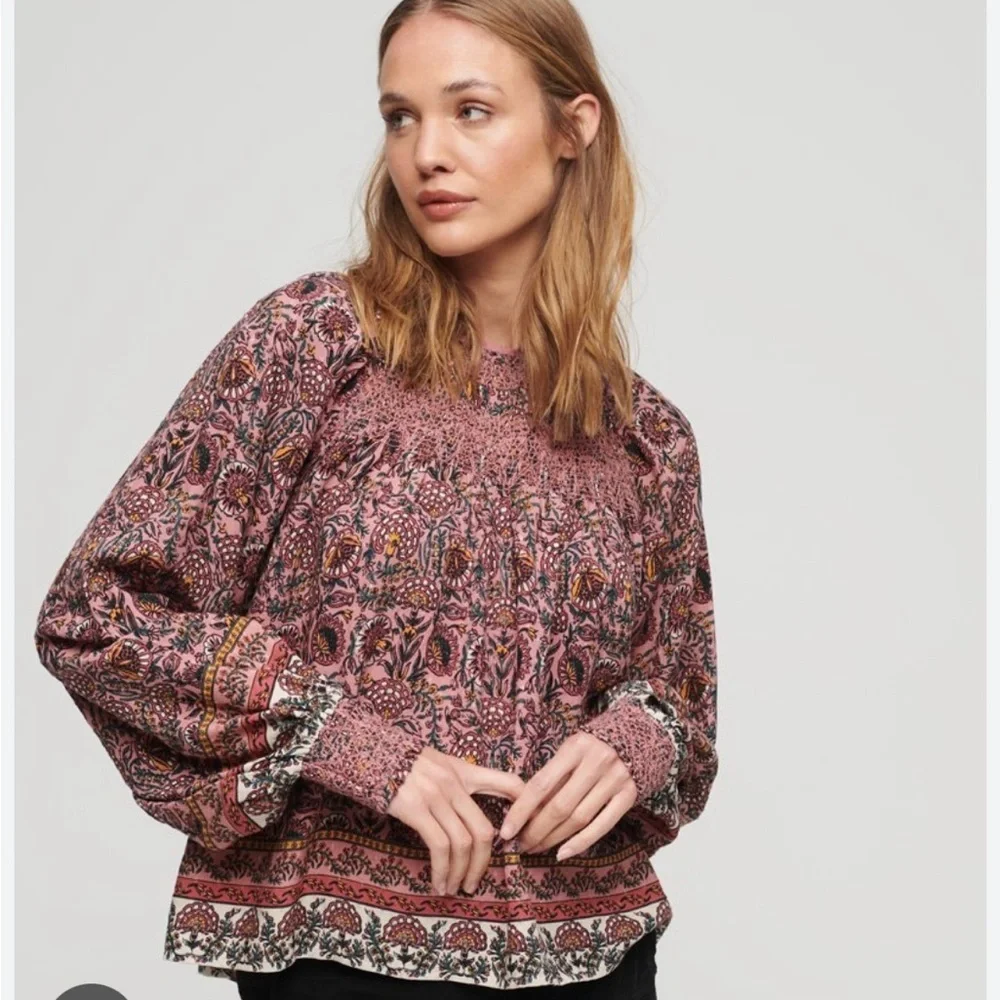 NWOT Superdry Smocked Long Sleeve Peasant Top Size 4 Mixed Print - Picture 1 of 9